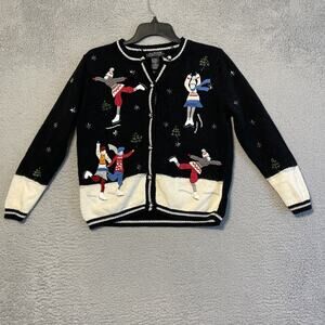 All Points Cardigan Sweater Size S Black & White W/ Embroidered Ice Skaters